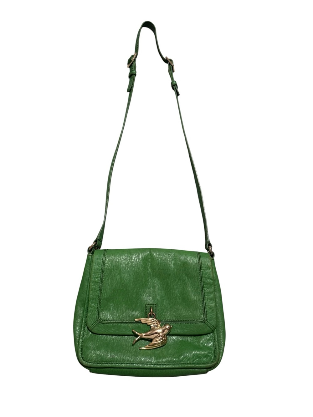 Green Leather Crossbody Bag with Bird Accent